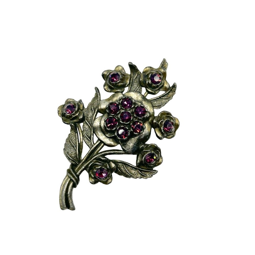 Vintage Little Nemo Pot Metal Flower Bouquet Brooch with Purple Rhinestones